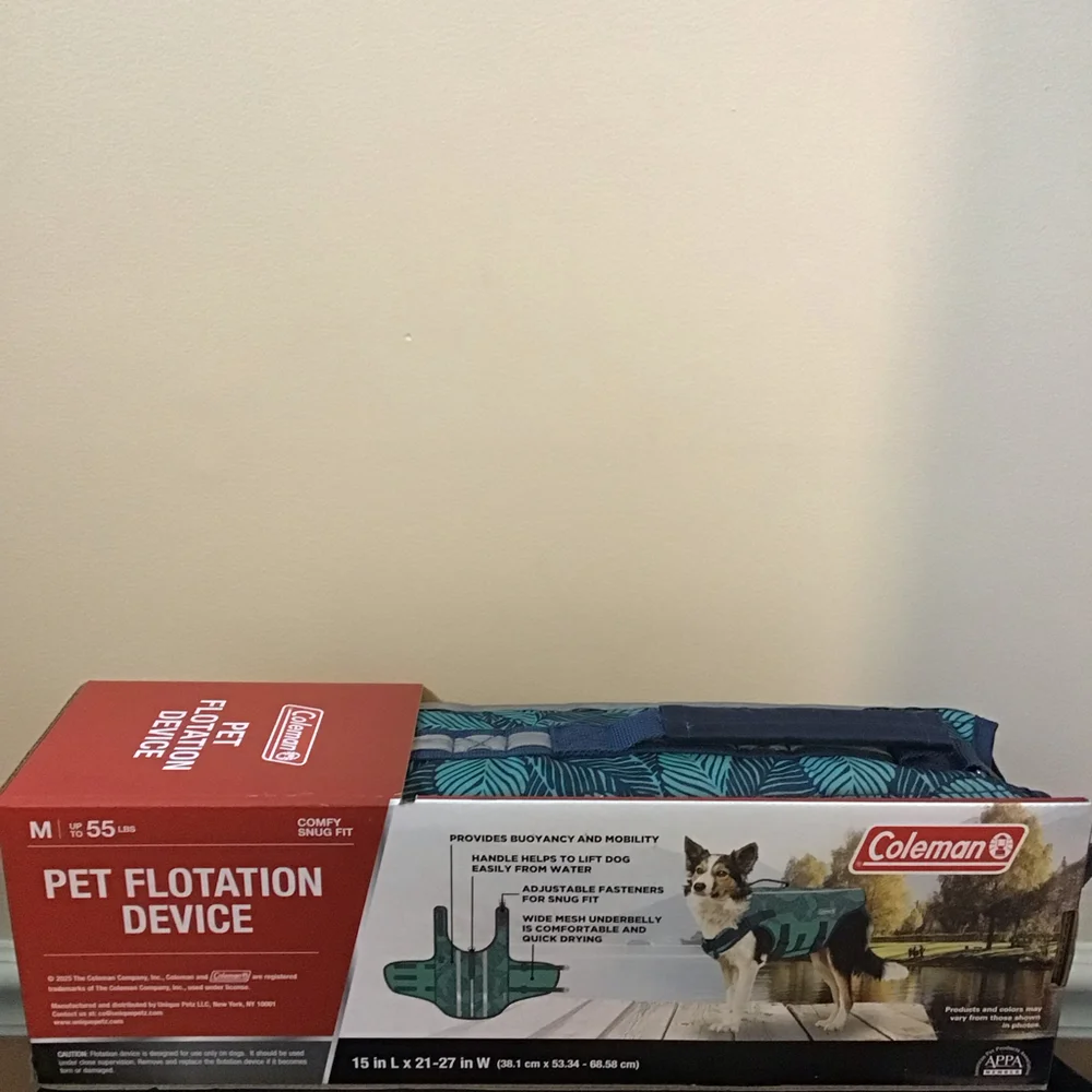 Coleman Pet Flotation Device Dog Life Vest M 55‎ lbs Blue Leaf Print